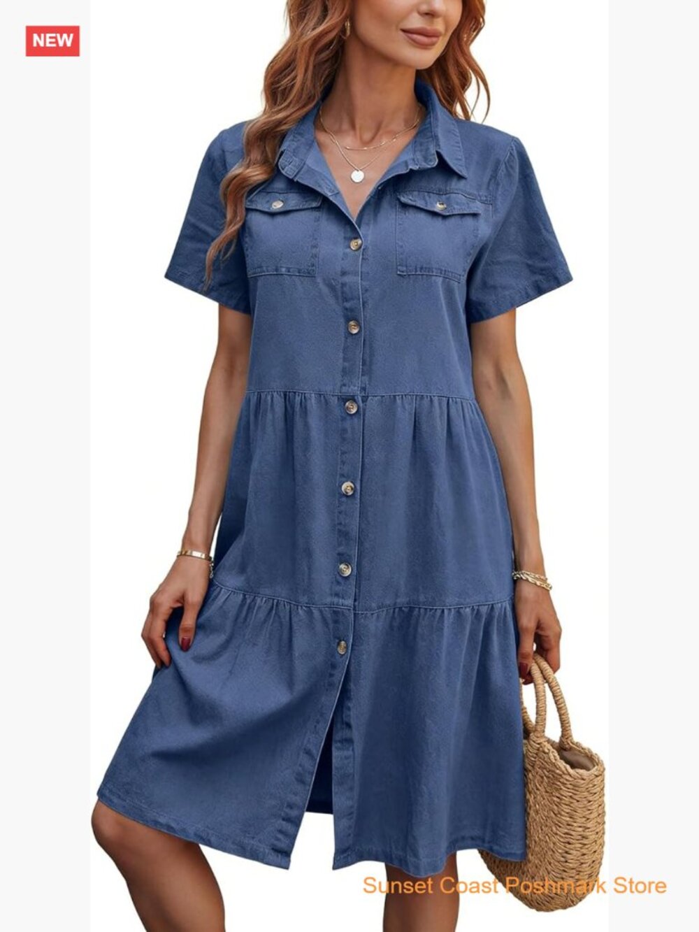 Short Sleeve Button Down Denim Shirt Dress Ruffle Hem Babydoll Midi Dress
